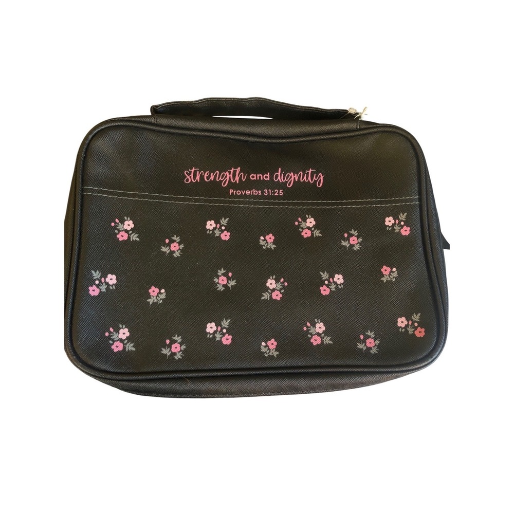 Gods Gift Bible Cover Strength and Dignity Proverbs 31:25 Black Floral XL Case